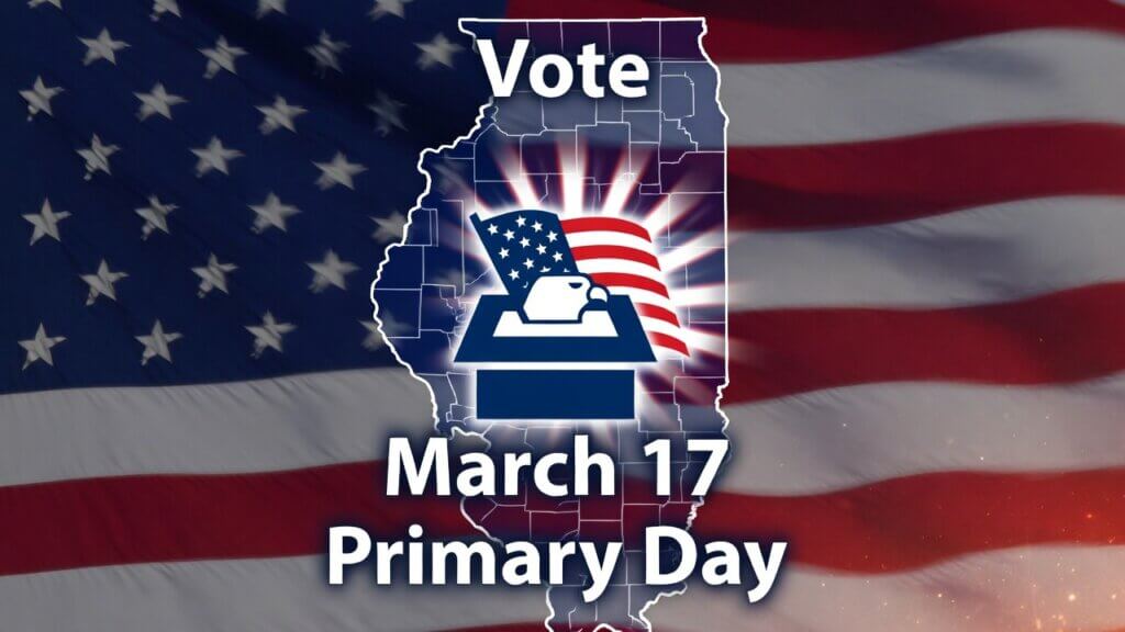 American flag overlay on Illinois state map outline with Rockford Winnebago County area glowing in red white blue starburst, centered bald eagle emerging from ballot box, patriotic vote March 17 primary day design