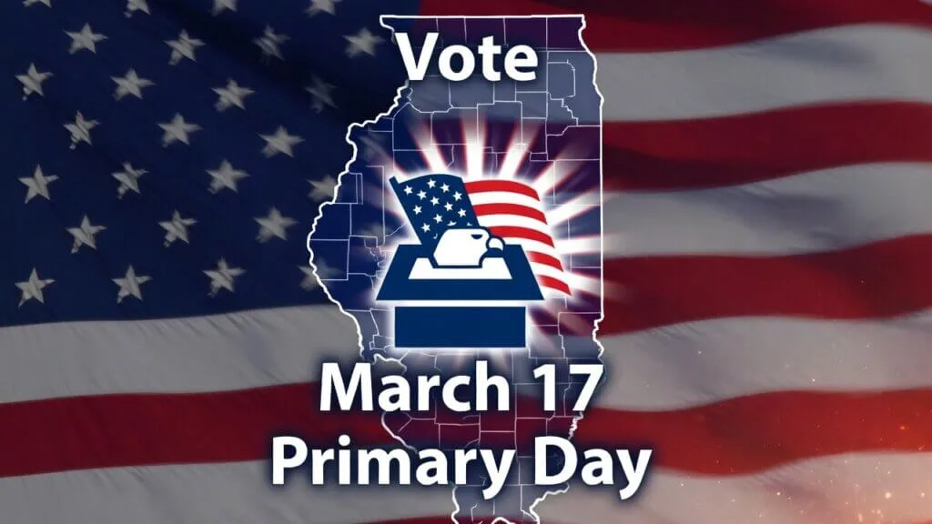 American flag overlay on Illinois state map outline with Rockford Winnebago County area glowing in red white blue starburst, centered bald eagle emerging from ballot box, patriotic vote March 17 primary day design